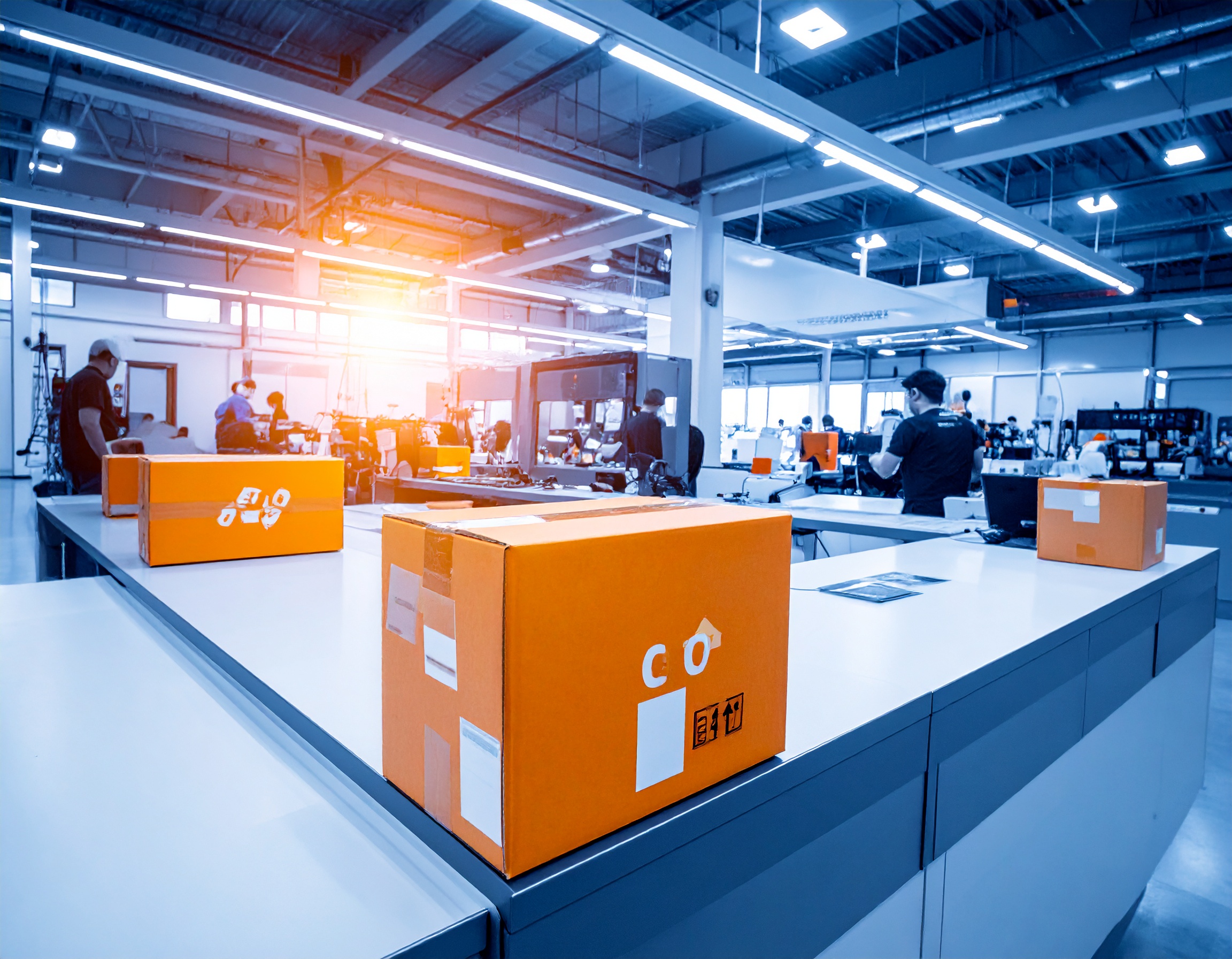 Firefly A dynamic image with a modern logistics theme, showing boxes on the counter with people work (1)